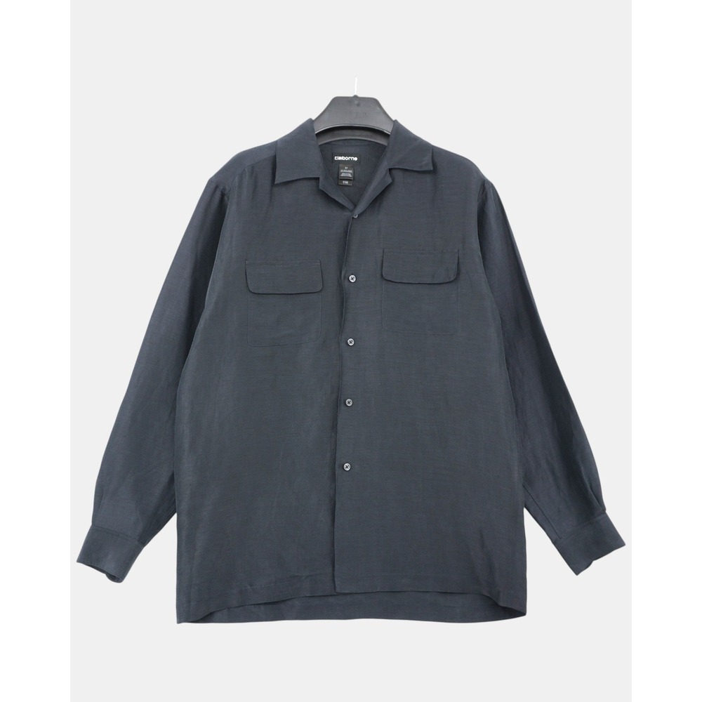 Claiborne Linen Silk Shirt Men's M Black Long Sleeve Camp Collar Utility Pockets
